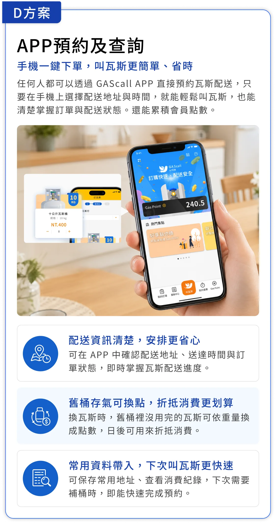 D方案 APP預約及查詢：手機一鍵下單、舊桶存氣換點折抵、常用資料帶入快速叫氣